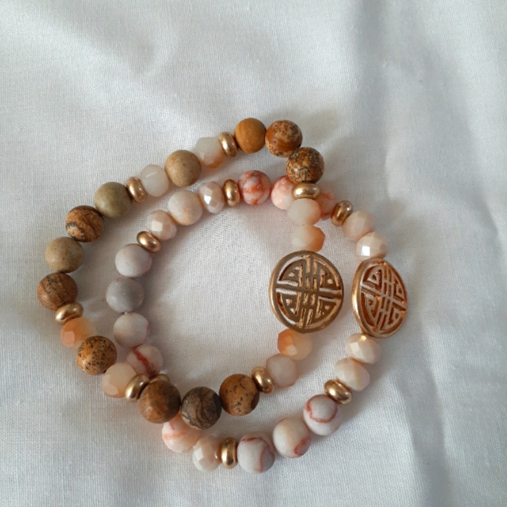 Asian Inspired Gold Medallion Mixed Bead Stretch Bracelets (2)